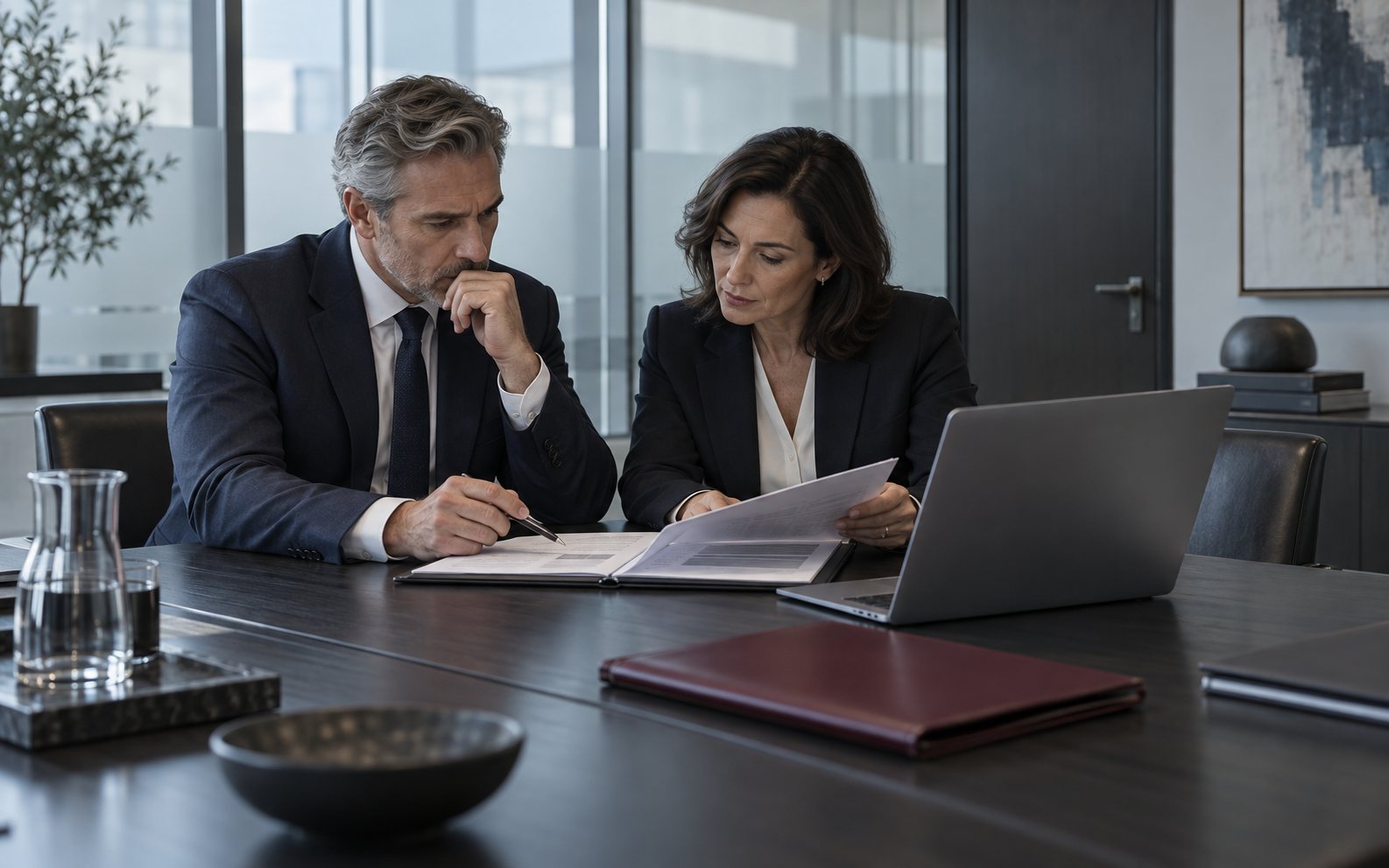 Business leaders reviewing documents in a private meeting room