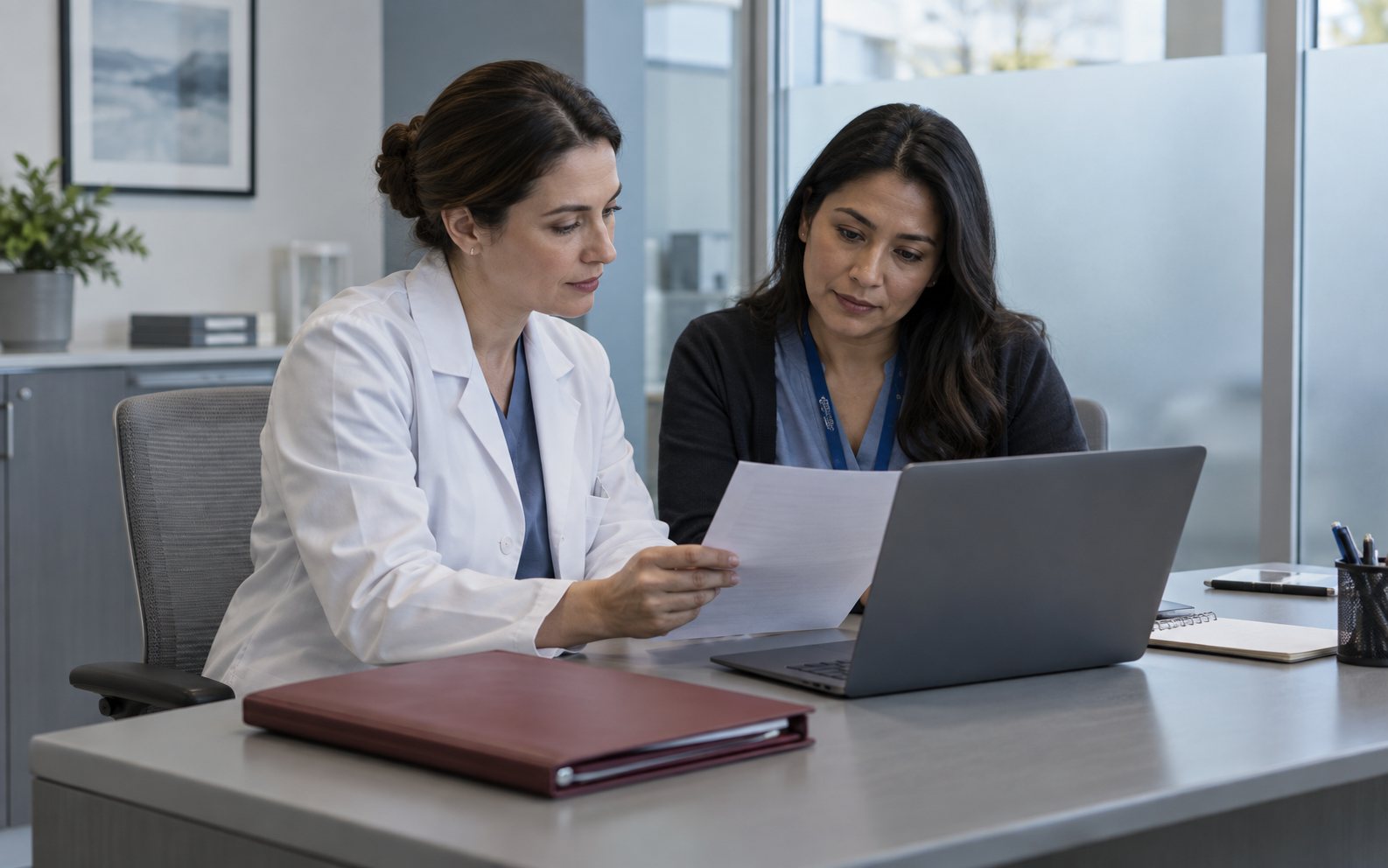 Healthcare professionals reviewing documents in a private setting